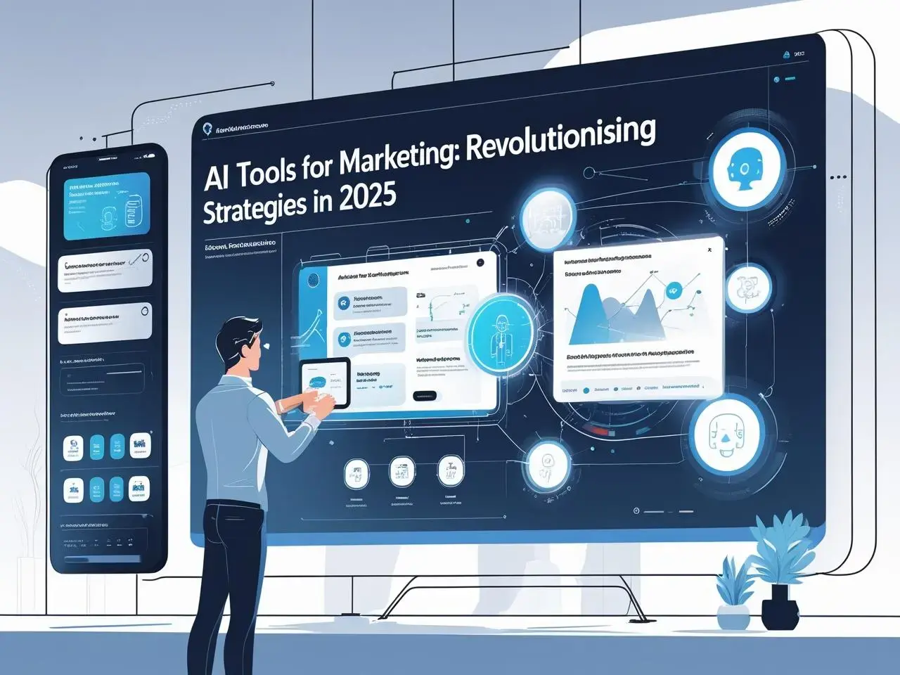 AI Tools for Marketing_ Revolutionising Strategies in 2025,_ create a dynamic and futuristic image of a marketer interacting with a holographic interface that displays various AI-driven marketing tools and analytics