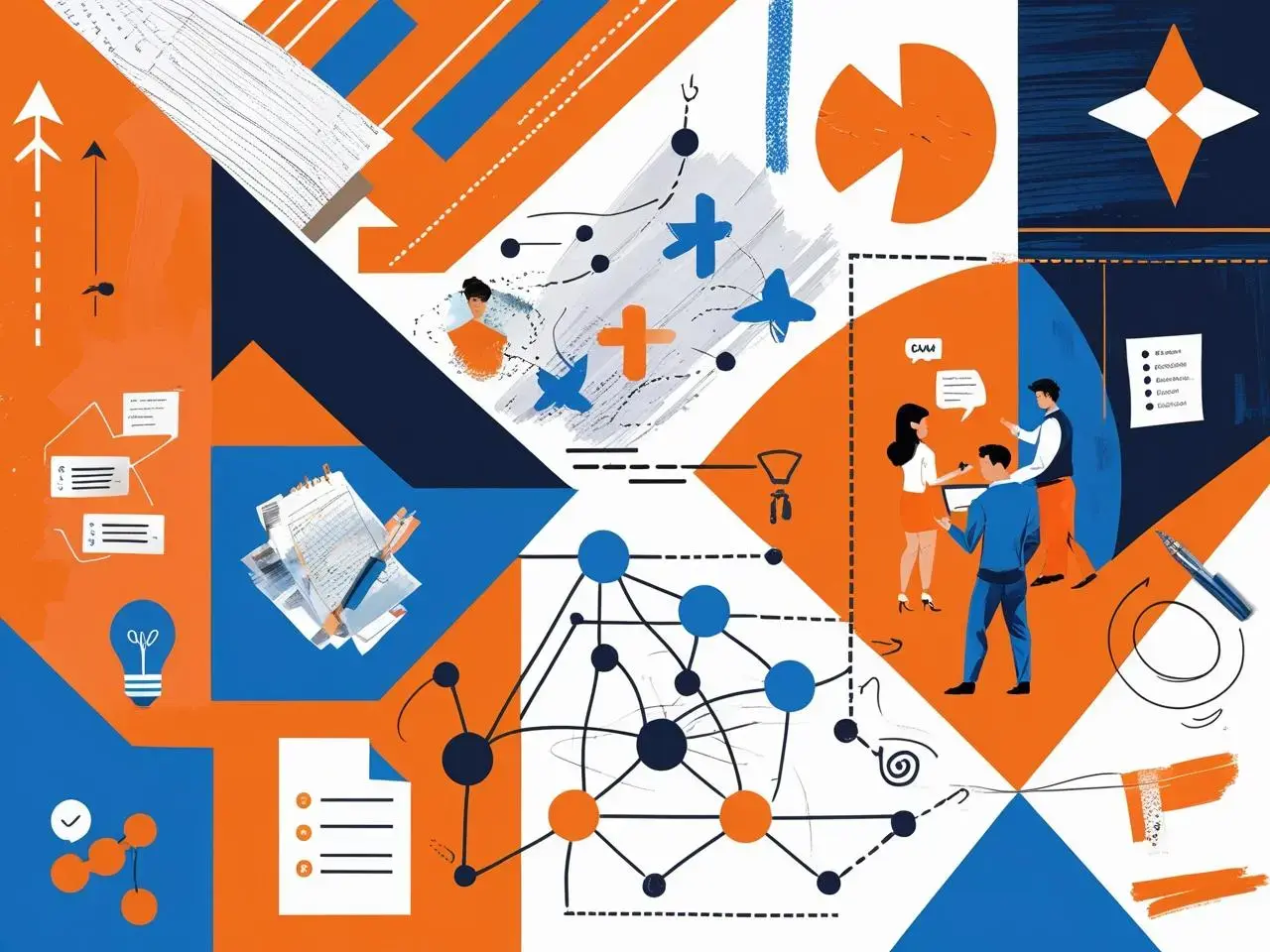 Create a vibrant digital collage with a modern, business vibe. The background should feature a mix of bold geometric shapes in bright colors like ORANGE, blue, and WHITE, accompanied by abstract elements such as arr