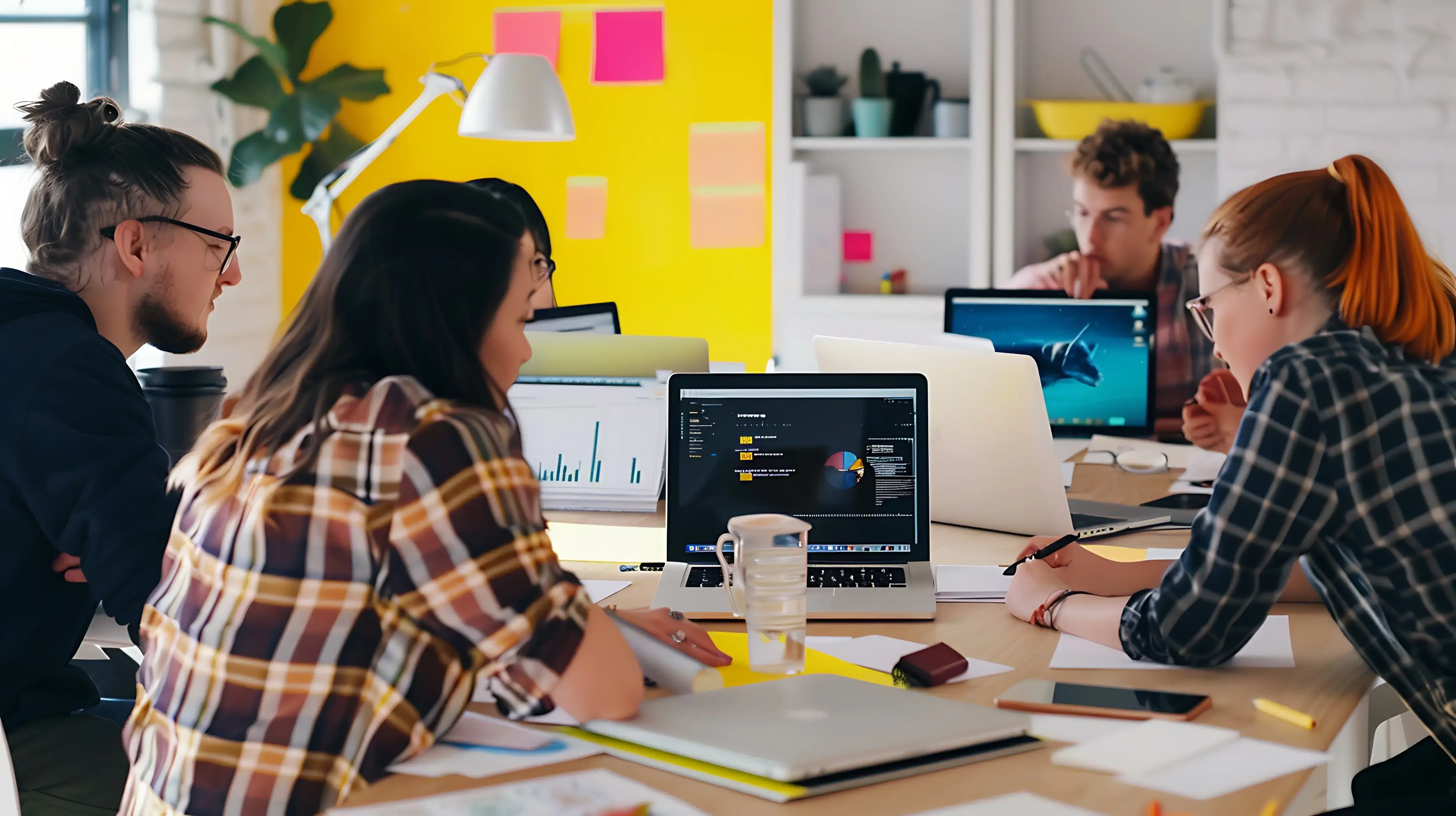 man-woman-sit-desk-with-computer-cup-coffee